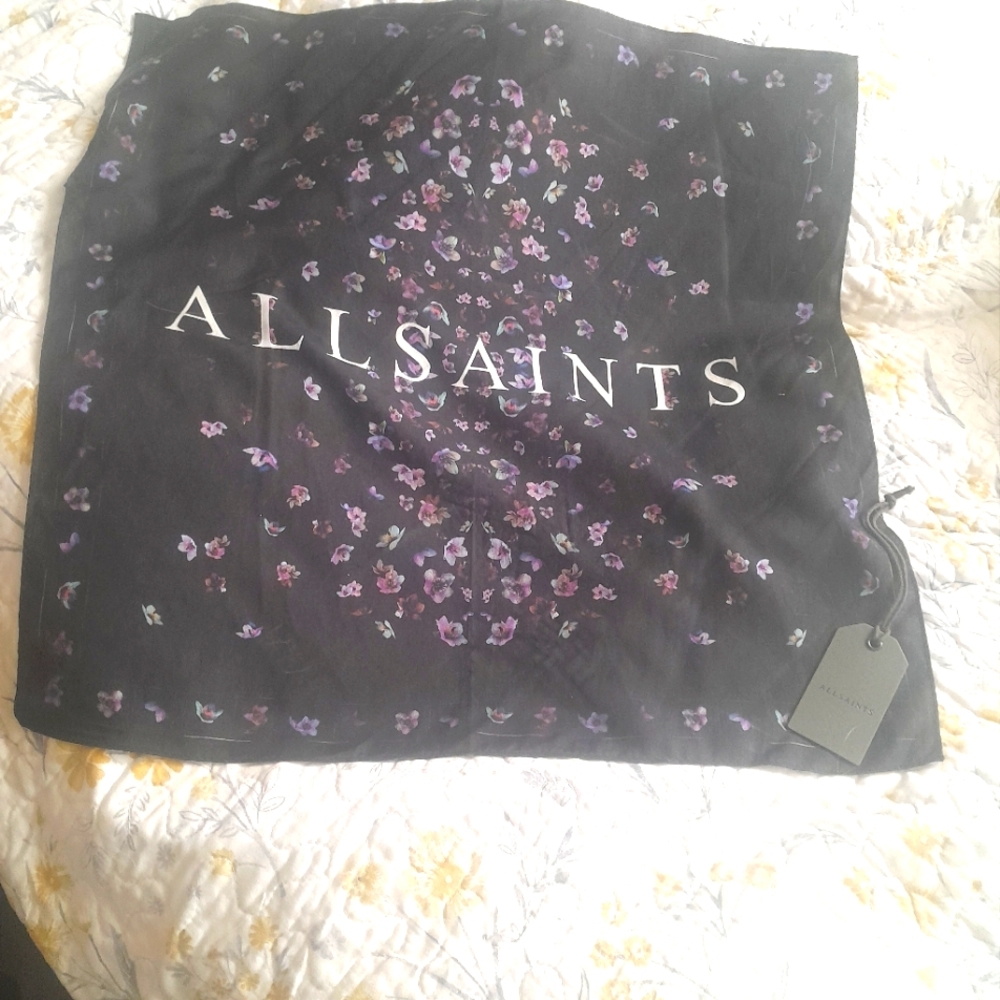 AllSaints Black Scarf with Purple Floral Print and Logo